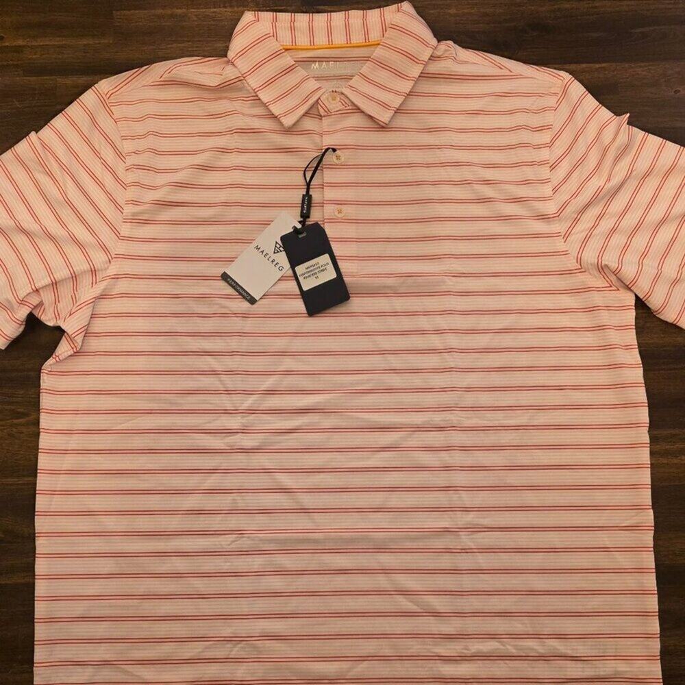 Maelreg Men's Golf Polo Shirt Medium Pink Red Stripe Performance NWT